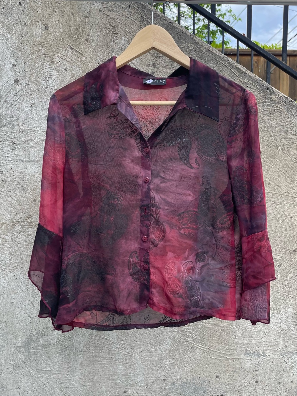 Orsay burgundy sheer blouse size women’s small/medium (18x21)